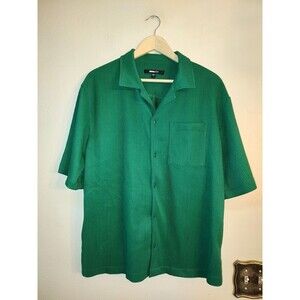 Men's Nova Men Wavy Textured Short Sleeve Green Cuban Shirt Size L